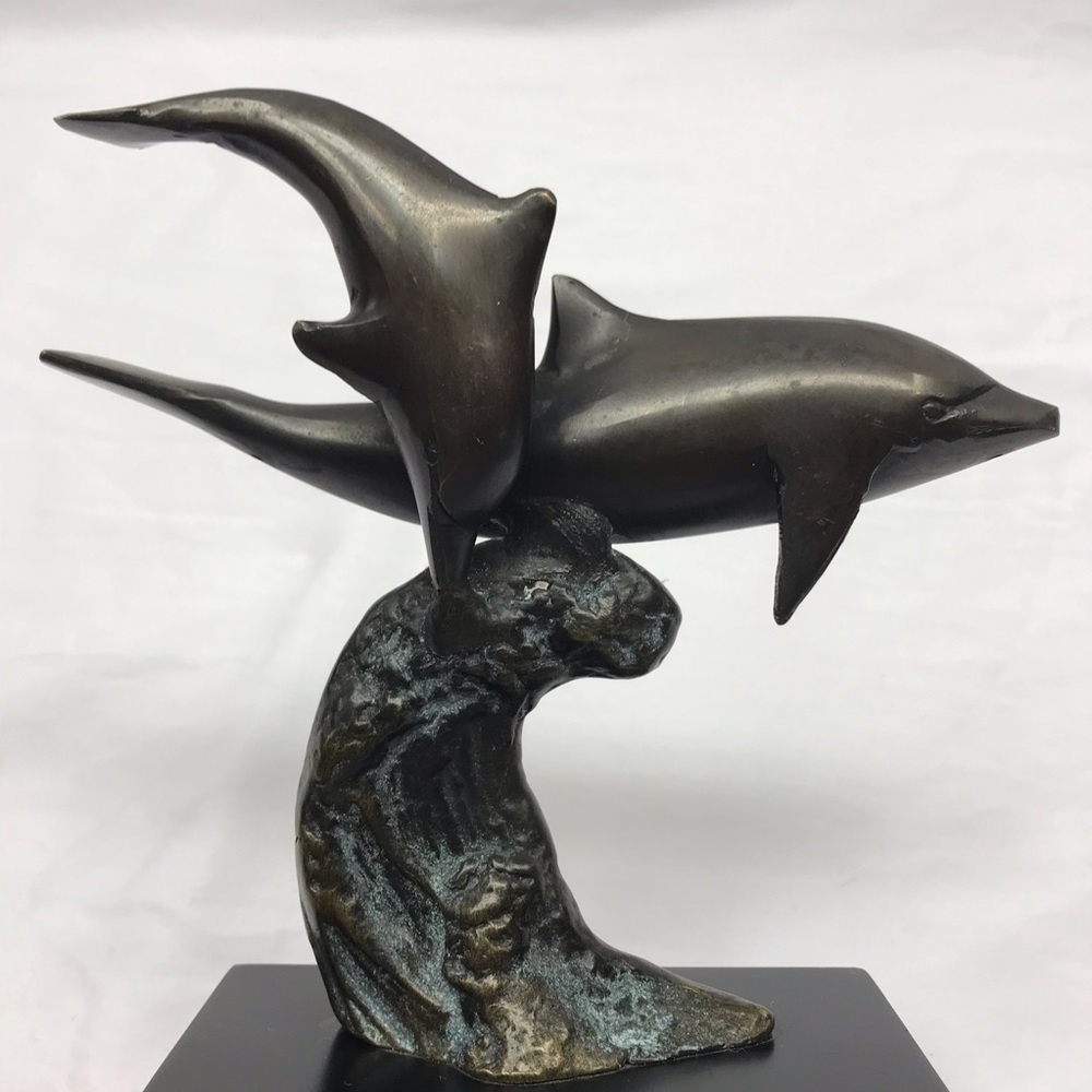 Vintage double dolphin cast statue w/ wooden base